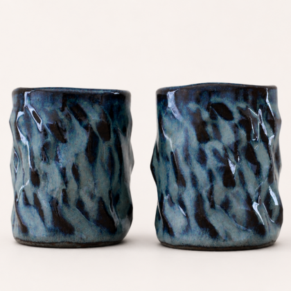 Handbuilt ceramic espresso cups with flowing glaze — Modderwerken